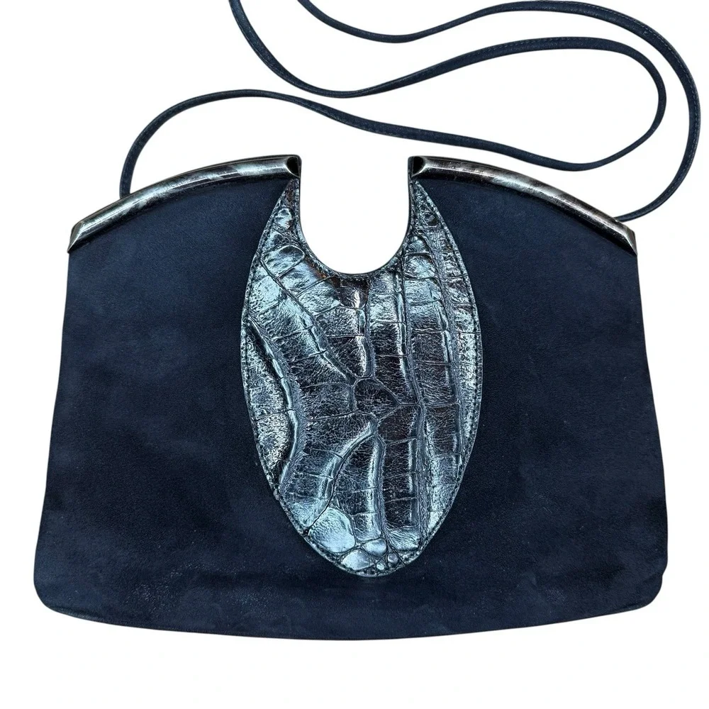 Vintage 1980's Sidonie Larizzi Paris Suede‎ Croc Embossed Avant Garde Bag RARE